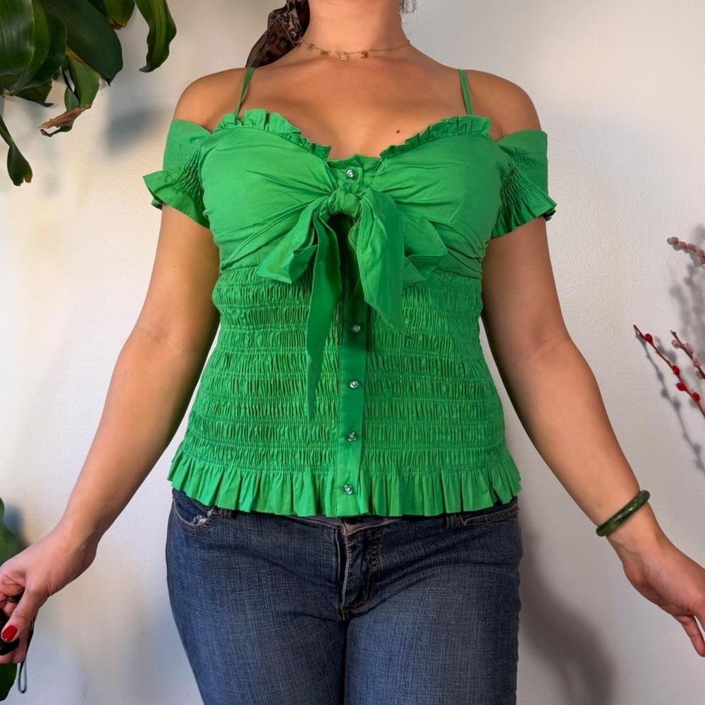 Marineblu Green Ruffle Off Shoulder Smocked Babydoll Milkmaid Blouse Large